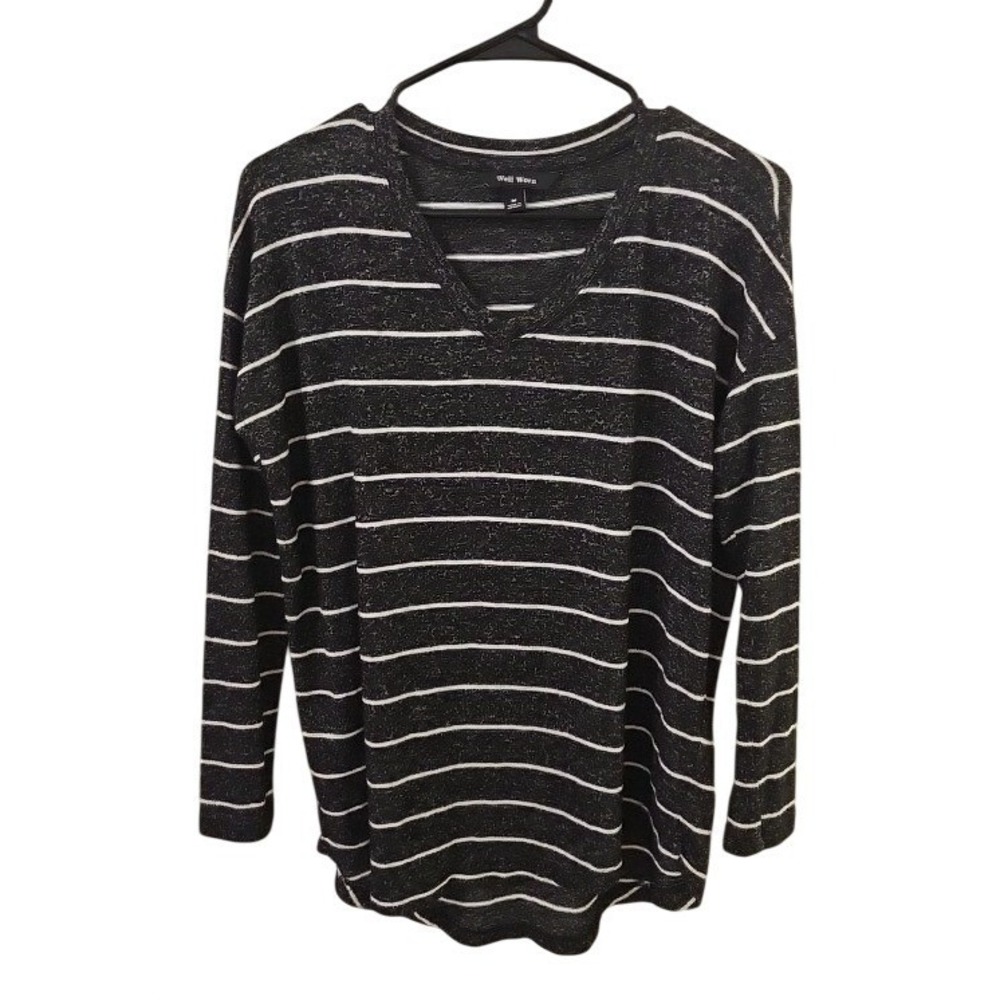 Well Worn Womens Black White Striped V-Neck Long Sleeve Top Size M Heathered